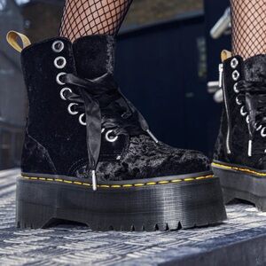 Dr. Martens Black Velvet Platform Lace-Up Boots with Yellow Stitching
